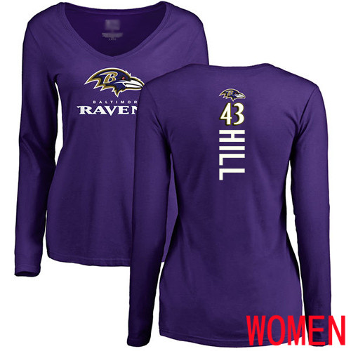 Baltimore Ravens Purple Women Justice Hill Backer NFL Football #43 Long Sleeve T Shirt->nfl t-shirts->Sports Accessory